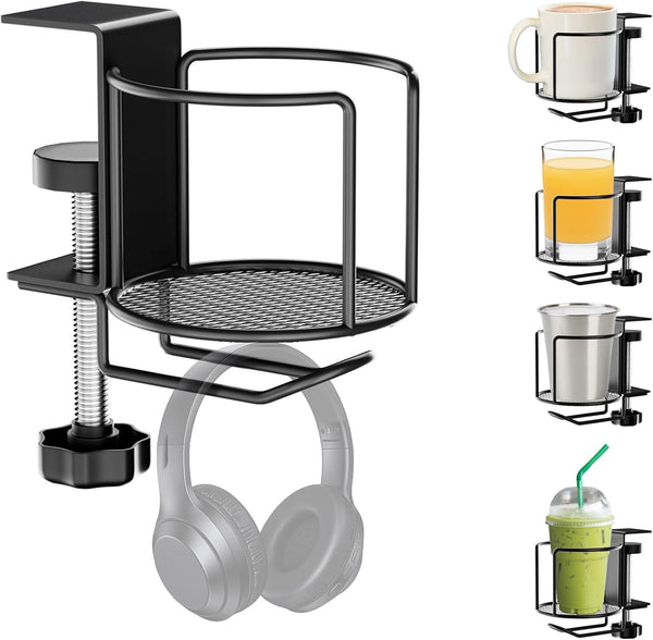 2-in-1 Desk Cup Holder with Headphone Hanger,Anti-Spill Table Water Bottle Holder,Clamp On