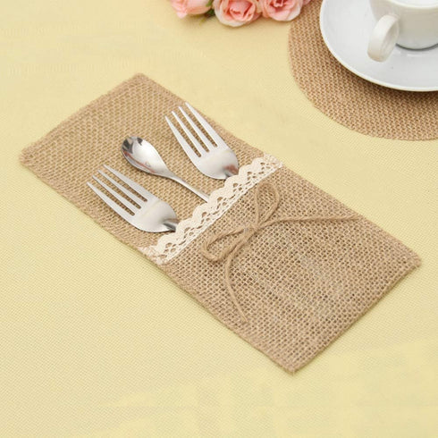 Alnicov Natural Burlap Lace Utensil Cutlery Holders Pouch, Jute Napkin Holders for Vintage Wedding Party Tableware