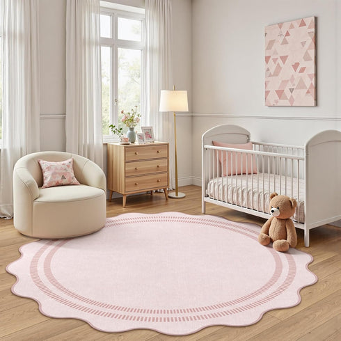 5ft Washable Area Rugs for Living Room, Solid Pink Non Slip Rugs for Bedroom Girls, Stain Resistant Scalloped Soft