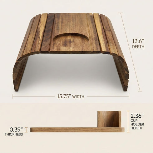 THE LAZY STORE Acacia Couch Arm Tray for Drinks and Snacks with Detachable Cup Holder, Anti Slip Base and Foldable