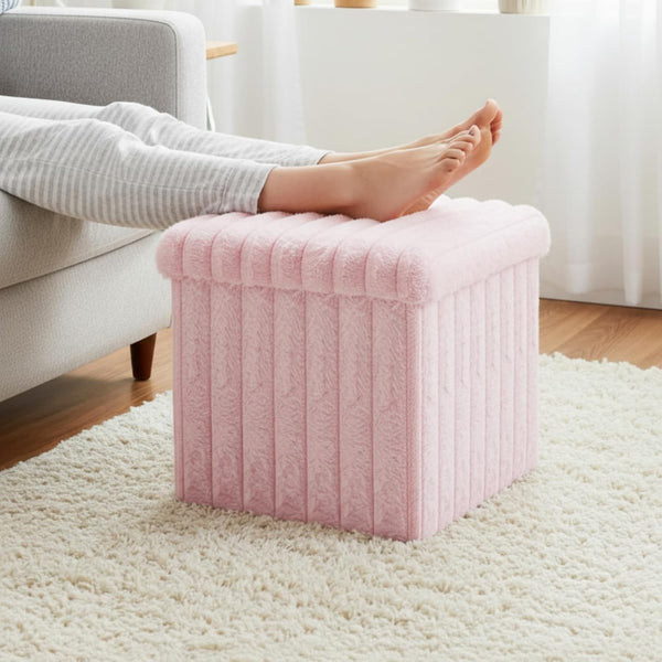 Wenqik Pink Storage Ottoman Cube, Fluffy and Furry Square Foot Rest Stool,