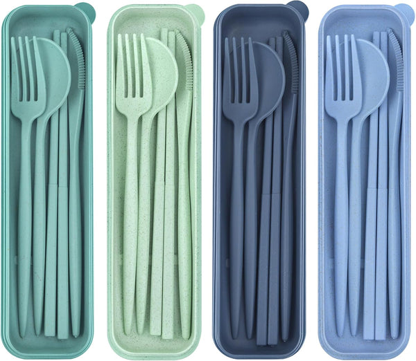 Reusable Utensils Set with Case, 4 Sets Portable Chopsticks, Knife, Fork, Spoon for Lunch Box, Travel Daily Use