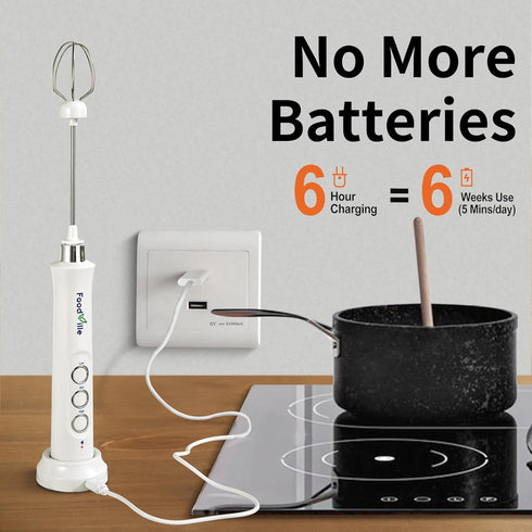 MF09 3 in 1 Rechargeable Milk Frother - Handheld Foam Maker with Charging Stand & 3 Stainless Steel Whisks