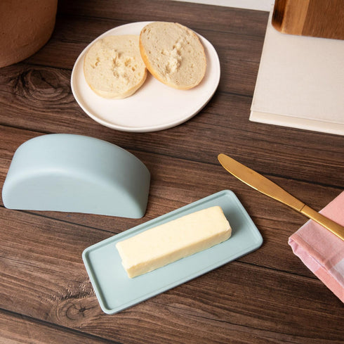 PTB Countertop 2-Piece THE Butter Dish Matte Ceramic Butter Keeper with Lid for Use Round Design for Standard Butter