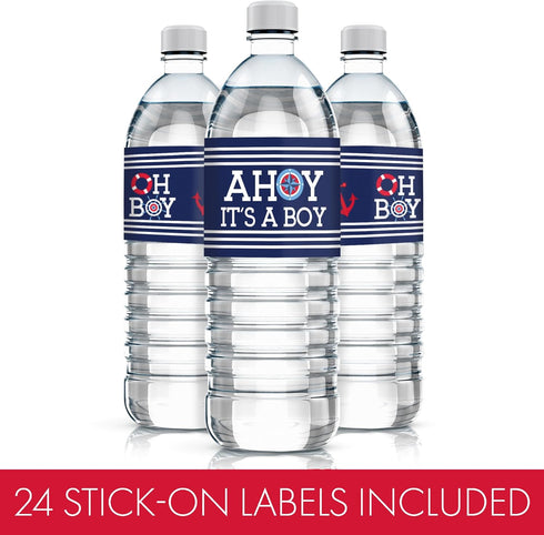 Ahoy Its a Boy Baby Shower Water Bottle Labels - Nautical Waterproof Stickers, 24 Count Party Favor Decorations