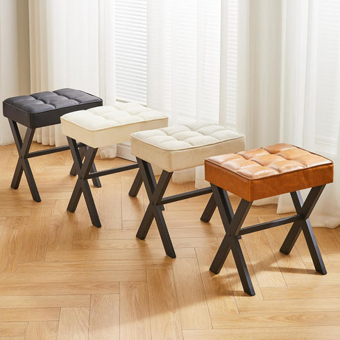 LG-71J IBUYKE Square Makeup Stool with X-Leg Foot Rest, PU Footrest, Ottoman Seat, Multi-Use as Small Side Table