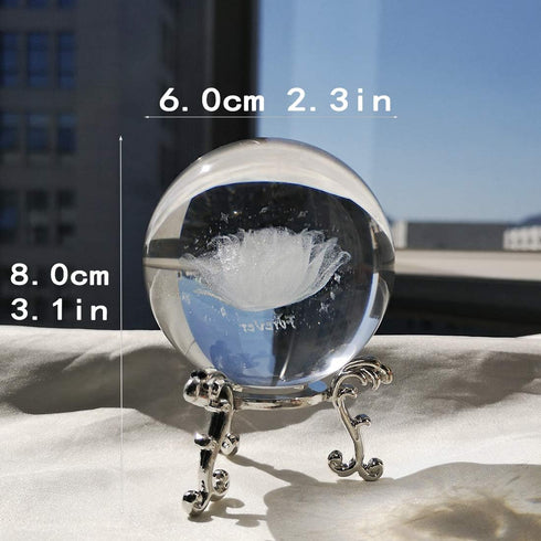 HDCRYSTALGIFTS 60mm 3D Inner Carving Rose Flower Crystal Ball Paperweight with Silver Stand for Home Decor