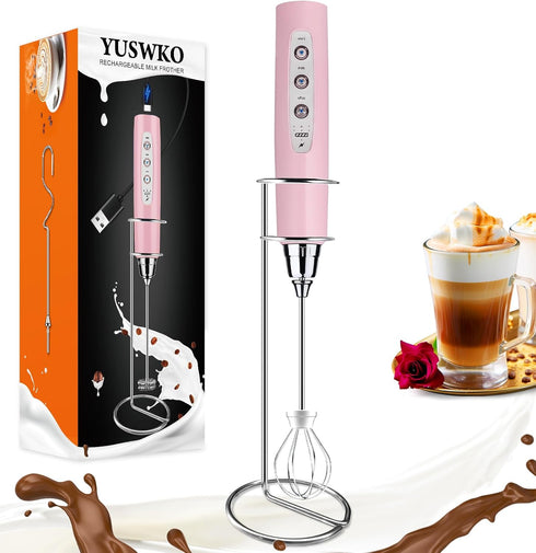 YUSWKO Pink Handheld Milk Frother with Stand, Rechargeable Electric Whisk, 3 Heads, 3 Speeds for Coffee, Latte