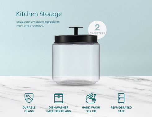 KooK Glass Kitchen Canister Set, Food & Storage Containers for Pantry, 50 oz, Black, Set of 2