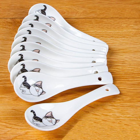 Set of 10 Asian Soup Spoons, Cat Pattern, 5.4 inch Ceramic Chinese Spoons for Ramen, Appetizers, Desserts