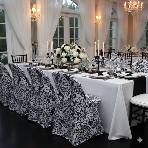 YOUR CHAIR COVERS - Black and White Damask Spandex Folding Chair Cover - Stretch Folding Fitted Upholstered Seat
