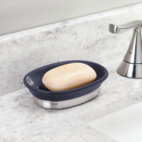 iDesign Ceramic and Steel Bar Holder, The York Collection Soap Dish, Matte Navy/Brushed Nickel
