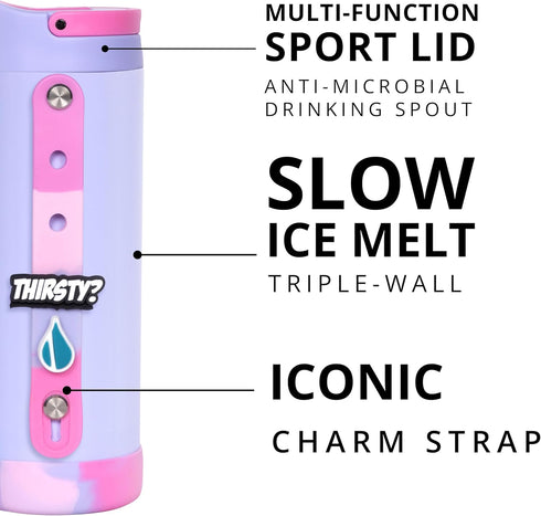 Elemental Iconic Kids Water Bottle, 20oz Triple Insulated Stainless Steel with Straw Lid & Charms Strap, Lilac Tie Dye