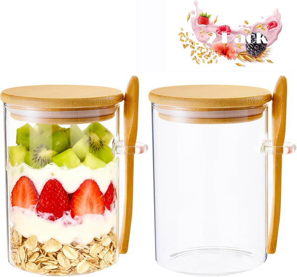 Npmkx Overnight Oats Containers With Lids and Spoons, 2pack Glass Jars with Bamboo