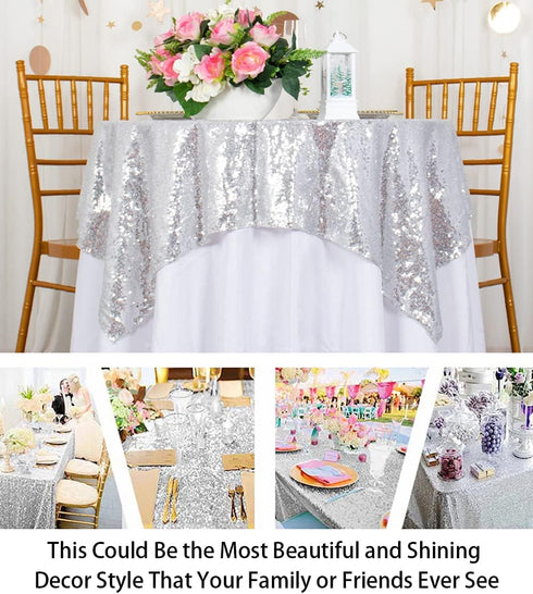 ShinyBeauty Silver Sequin Tablecloth 36x36-Inch Square Glitter Table Cover for Parties