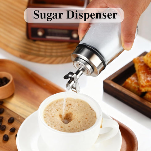 6OZ TIWPAJS Glass Sugar Dispenser with Stainless Steel Lid, Automatic Pour Spout, Sugar Container for Coffee Bar, Sugar