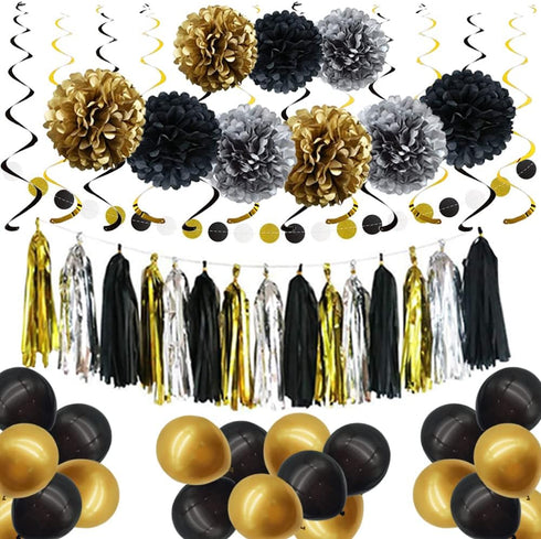 Black and Gold Party Decorations - DIY Tissue Paper Pom Poms, Balloons, and Garland