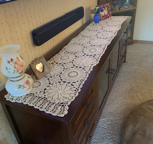 15"X70" USTIDE Rustic Floral Table Runner Hand Crochet Table Doily Beige Cotton Lace Table Decoration for Coffee Table