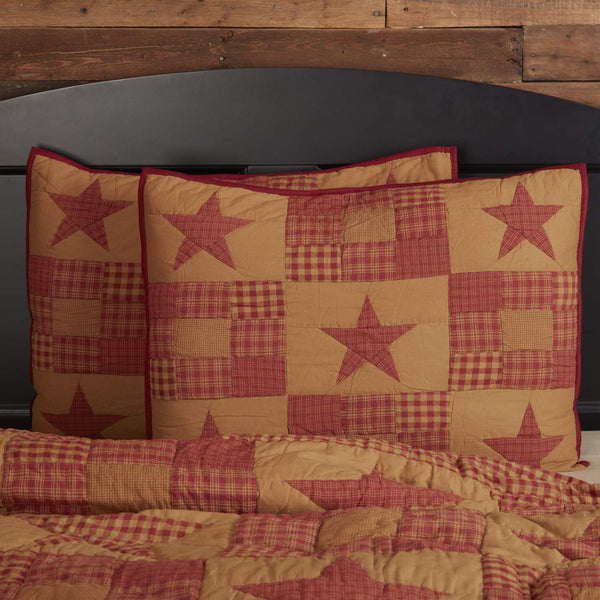 VHC Brands Ninepatch Star Hand Quilted Standard Sham, Red, 21x27 Bedroom Decor