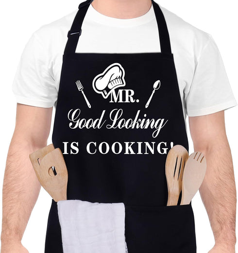 Funny Aprons for Men, MR GOOD LOOKING IS COOKING, Professional Kitchen Chef Bib Apron with Double Pocket