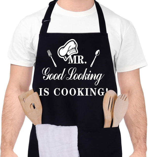 Funny Aprons for Men, MR GOOD LOOKING IS COOKING, Professional Kitchen Chef Bib Apron with Double Pocket