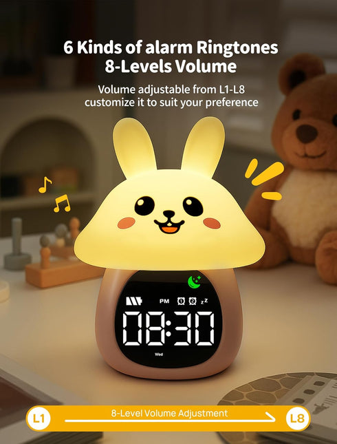 MASHI Mushroom Bunny Alarm Clock, Toddler Sleep Training Clock with Sun & Moon, Sleep Sound Machine, Night Lights