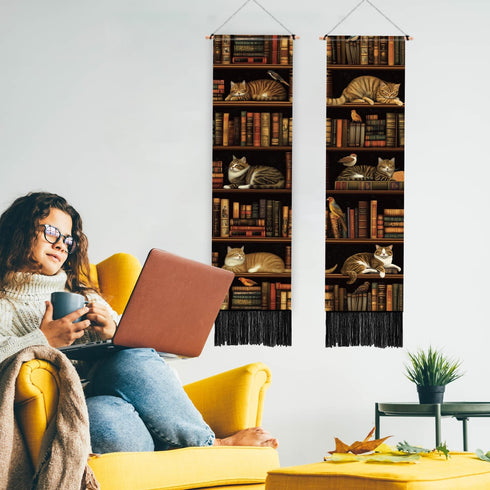 2 Pack 52" 13" PLIGREAT Vintage Bookshelf Wall Hangings, Classic Library Tapestry with Tassels Vertical Cats Wall