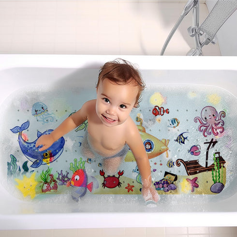 40x16 inches, 200 40 16in) Kids Bath Mat with Ocean Theme Design, Non-Slip with Suction Cups, Cartoon Sea Animals