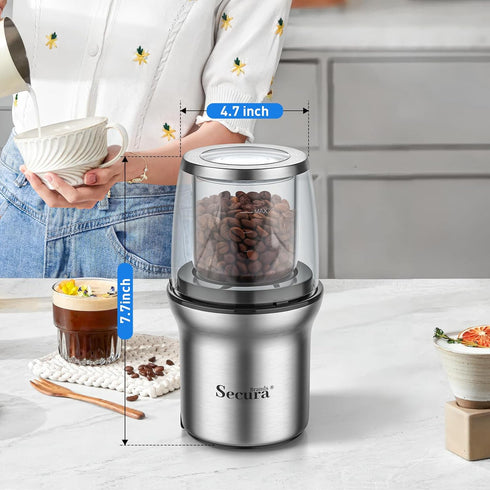 Secura Brands Coffee Grinder Electric Spice Herb Seeds Grinder with Two Glass Bowl, Dry and Wet Grinder