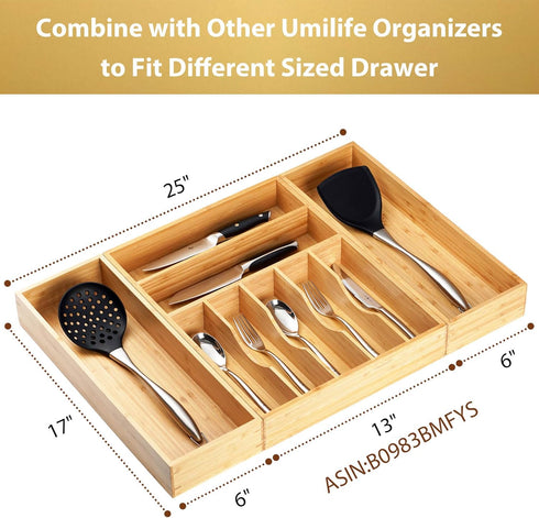 Umilife Bamboo Kitchen Utensils Organizer, Extra Long Flatware Cutlery Storage Box, Multi-Use Drawer Divider (Set of 2)