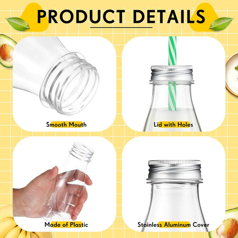 20 Sets (8 oz,Pastel Yinkin Plastic Milk Bottles with Straws Lids Clear Plastic Containers for Dairy Milk Party Bottle