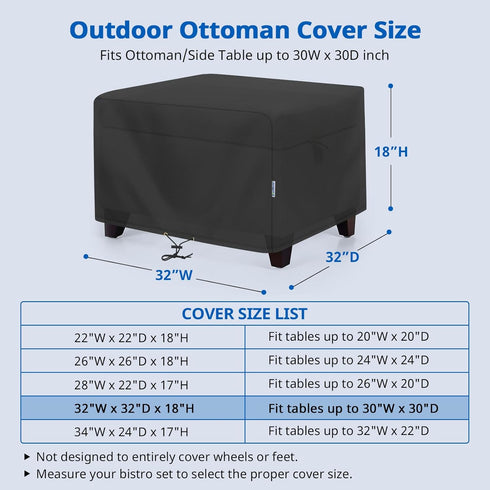 32W 32D 18H, SunPatio Outdoor Ottoman Cover, Waterproof Square Coffee Table Cover, Patio Furniture Side Table Cover