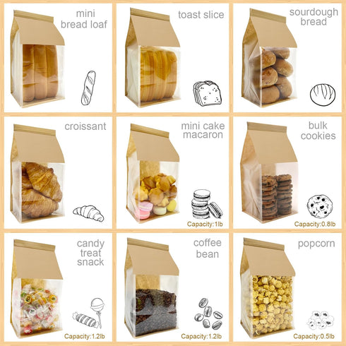 BIUBIU 50ct 5.1x4.3x11inch Packaging, Thicker Paper Bread Bags for Homemade with Window & Tin Tie Tab Lock - Ideal