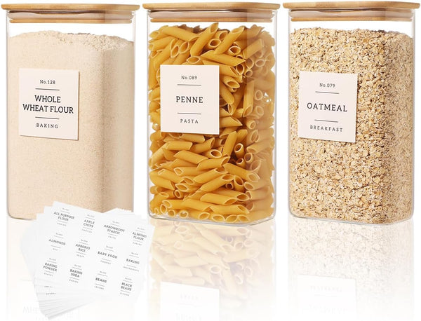 3 Pack Square Glass Pantry Storage Containers with 132 Kitchen Food Pantry