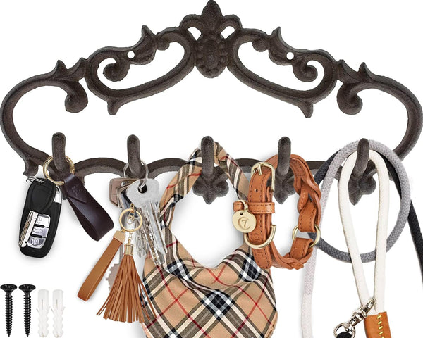 Cast Iron Wall Mounted Hanger, Vintage Design with 5 Hooks for Keys, Towels, Robes, 12.6x5.9, Brown