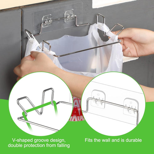 4 Tandefio Pcs Stainless Steel Trash Bag Holder for Kitchen Cabinet Door and Cupboards with Wall Sticker Base Portable