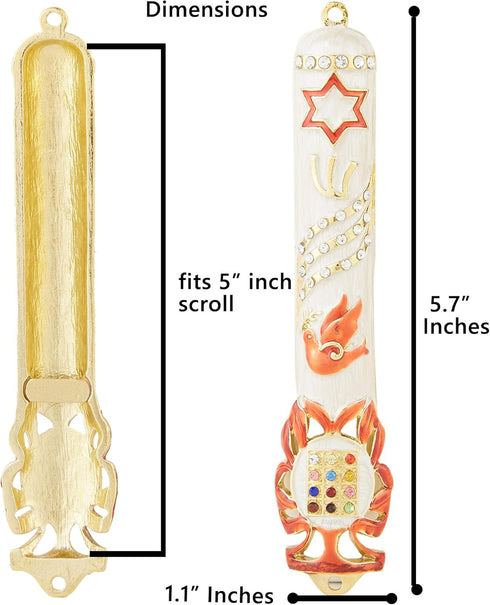 Matashi Hand Painted 5.7" Red and White Dove Mezuzah with Gold Accents and Star of David for Home Decor Gift