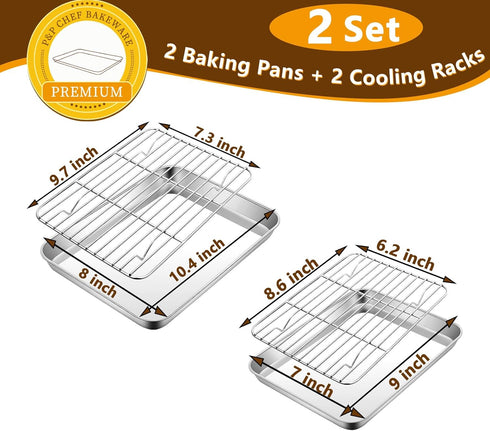 P&P CHEF Toaster Oven Pans with Racks Set of 2, Stainless Steel Oven Tray Small Baking Pan Sheet and Rack for Oven Cooking, 2 Mini Sizes (10.4” + 9”)