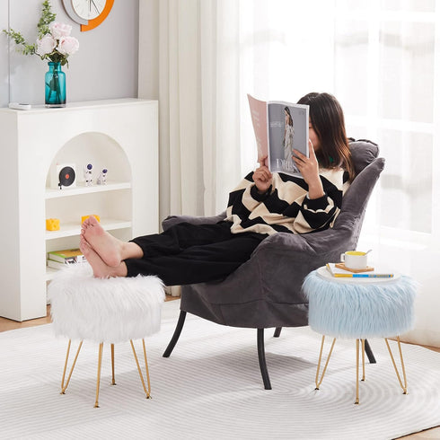 4 Mxfurhawa Faux Fur Storage Ottoman Round Furry Vanity Stool Marble Grain Tray Coffee Table Compact Footrest