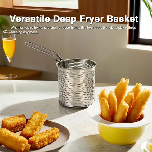 Small Deep Fryer Pot with Basket, Mini Fryer and Soup Pot with Tongs and Lid, 1.3-Quart