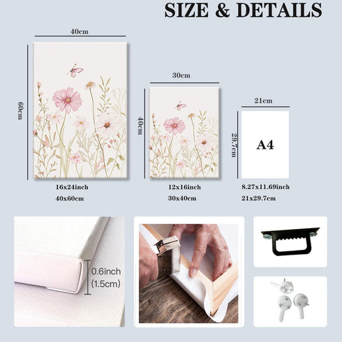 3 12x16in MTFBWY Piece Pink Wildflower Canvas Wall Art, Vintage Floral Botanical Prints, Sage Green Flower Pictures