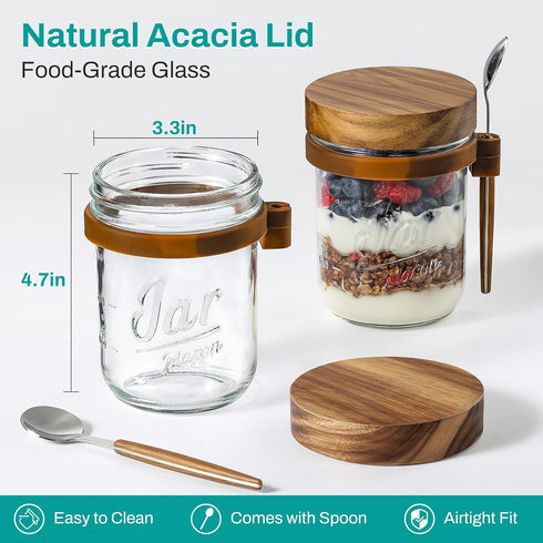 4 Pack 16oz Overnight Oats Containers with Wooden Lids and Spoons, Glass Mason Overnight Oats Jars with Lids, Large