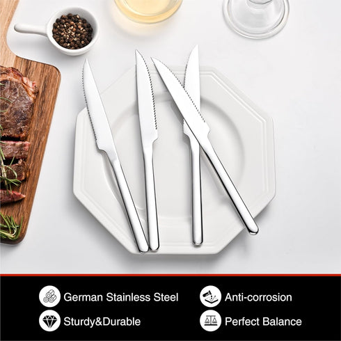 KINGSTONE Sharp Steak Knives, German Stainless Steel Set of 8 with Full-Serrated Blade, 9.4-Inch Design