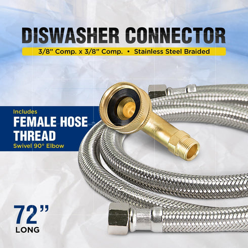 CNCT28772-OM Connector, Connects Dishwasher to Water, Dishwsher Supply Line with Swivel Elbow, Braided Stainless Steel 72 In, 72 Inch