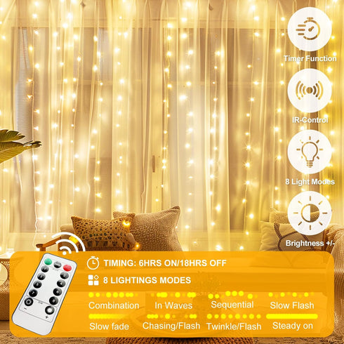 300 9.8 9.8FT 8 LED Fairy Curtain Lights, x Warm White USB Plug in Modes Hanging Lights with Remote for Christmas