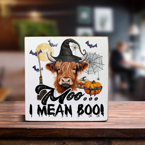 VIYZZX Halloween Highland Cow Wood Box Sign Decor Witchy Cow Moo I Mean Boo Block Sign Home Shelf Table Wall