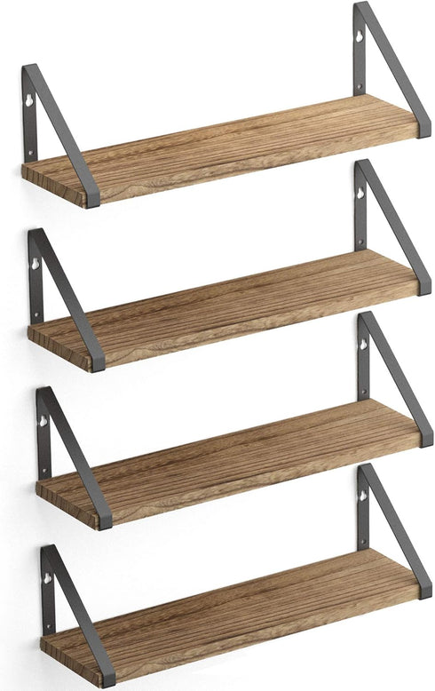 Wallniture Ponza Floating Shelves Set of 4, Wall Mounted Rustic Wood Board with Metal Bracket