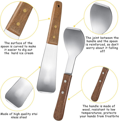 Patelai 2 Pcs Stainless Steel Ice Cream Scoop with Wooden Handle, Dessert Spade Butter Cutter for Dining Kitchen Utensil