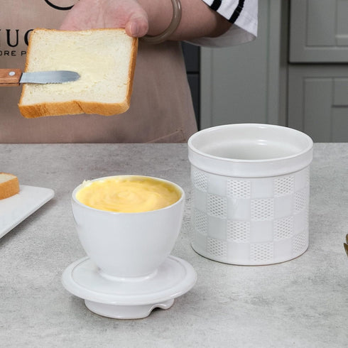 Countertop, Nucookery Ceramic Butter Crock with Lid Embossed French-Style Butter Keeper for Water-Seal Design Keeps