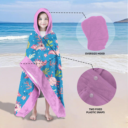 35" 60" 3-10 Swimming Axolotl Hooded Beach Towel for Boy, x Ocean Design Kids Poncho Bath Towel for Toddler, Blue